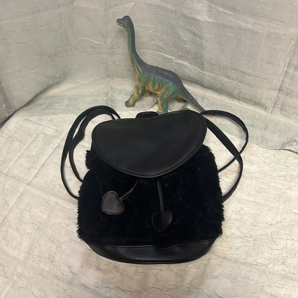 Black Faux Fur Mini Heart Backpack With Faux Leather Heart Flap and Pulls